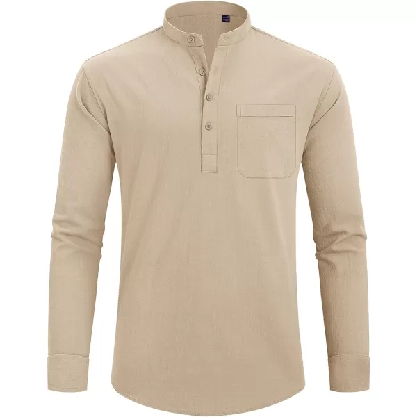 J.VER Men's Linen Roll Up Long Sleeve Shirt Cotton Casual Beach Shirts Henley T-Shirt Band Collar Vacation Tops with Pocket