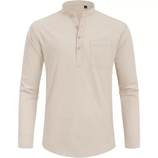 J.VER Men's Linen Roll Up Long Sleeve Shirt Cotton Casual Beach Shirts Henley T-Shirt Band Collar Vacation Tops with Pocket