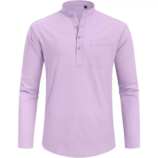 J.VER Men's Linen Roll Up Long Sleeve Shirt Cotton Casual Beach Shirts Henley T-Shirt Band Collar Vacation Tops with Pocket