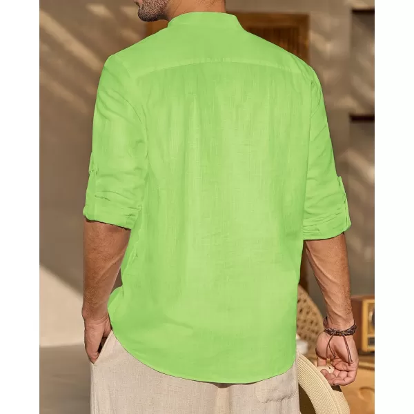 J.VER Men's Linen Roll Up Long Sleeve Shirt Cotton Casual Beach Shirts Henley T-Shirt Band Collar Vacation Tops with Pocket