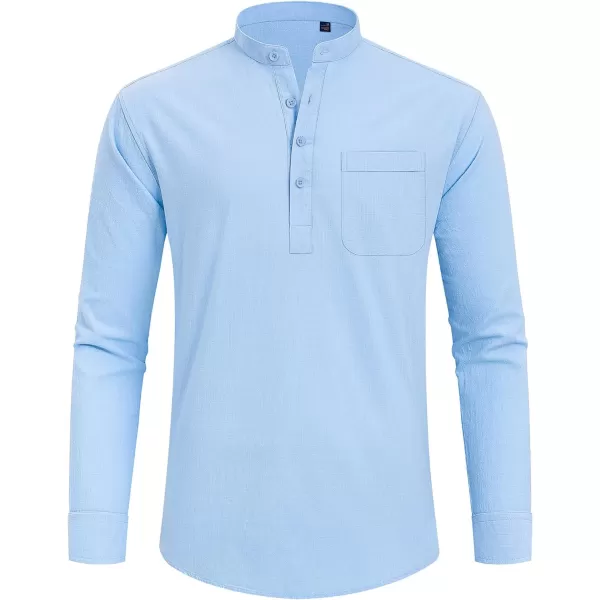 J.VER Men's Linen Roll Up Long Sleeve Shirt Cotton Casual Beach Shirts Henley T-Shirt Band Collar Vacation Tops with Pocket