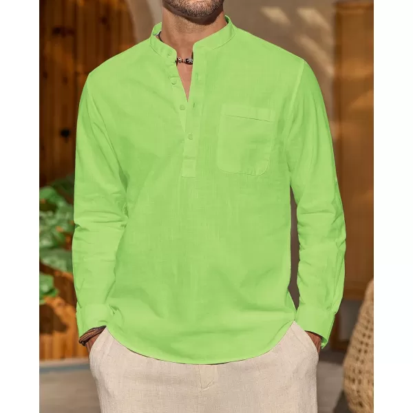J.VER Men's Linen Roll Up Long Sleeve Shirt Cotton Casual Beach Shirts Henley T-Shirt Band Collar Vacation Tops with Pocket