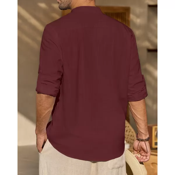 J.VER Men's Linen Roll Up Long Sleeve Shirt Cotton Casual Beach Shirts Henley T-Shirt Band Collar Vacation Tops with Pocket