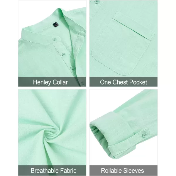 J.VER Men's Linen Roll Up Long Sleeve Shirt Cotton Casual Beach Shirts Henley T-Shirt Band Collar Vacation Tops with Pocket