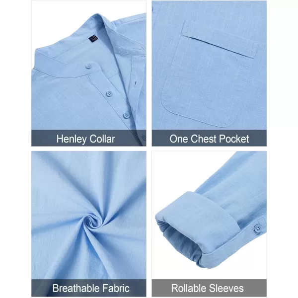 J.VER Men's Linen Roll Up Long Sleeve Shirt Cotton Casual Beach Shirts Henley T-Shirt Band Collar Vacation Tops with Pocket