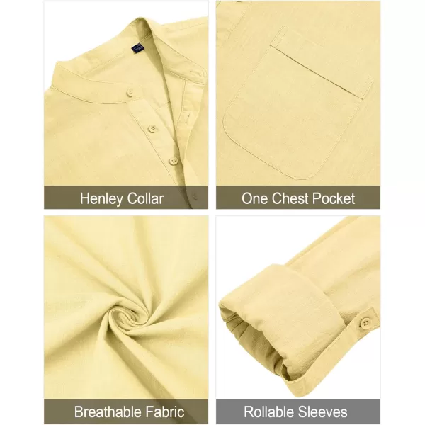 J.VER Men's Linen Roll Up Long Sleeve Shirt Cotton Casual Beach Shirts Henley T-Shirt Band Collar Vacation Tops with Pocket