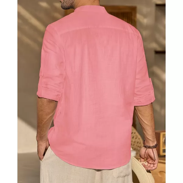 J.VER Men's Linen Roll Up Long Sleeve Shirt Cotton Casual Beach Shirts Henley T-Shirt Band Collar Vacation Tops with Pocket
