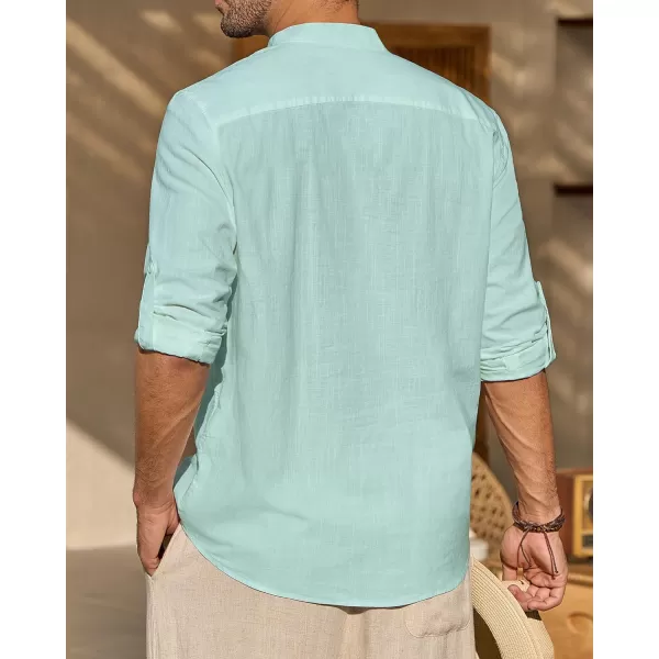 J.VER Men's Linen Roll Up Long Sleeve Shirt Cotton Casual Beach Shirts Henley T-Shirt Band Collar Vacation Tops with Pocket
