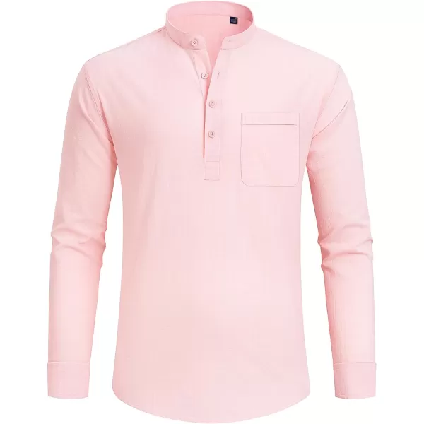 J.VER Men's Linen Roll Up Long Sleeve Shirt Cotton Casual Beach Shirts Henley T-Shirt Band Collar Vacation Tops with Pocket
