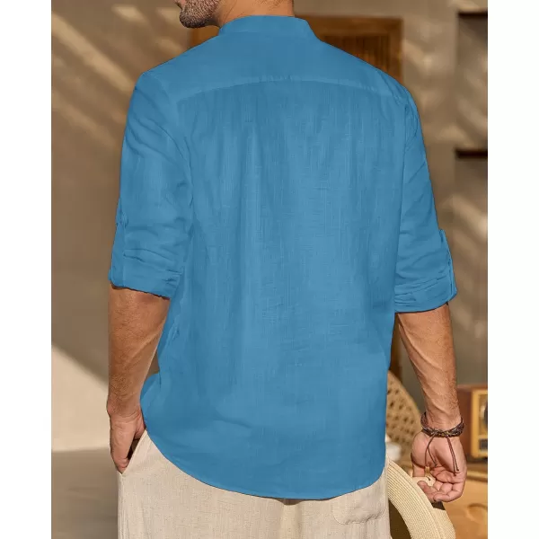 J.VER Men's Linen Roll Up Long Sleeve Shirt Cotton Casual Beach Shirts Henley T-Shirt Band Collar Vacation Tops with Pocket