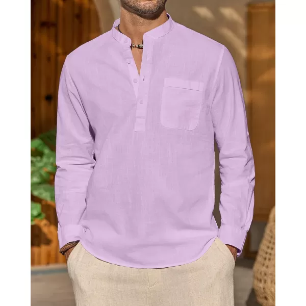 J.VER Men's Linen Roll Up Long Sleeve Shirt Cotton Casual Beach Shirts Henley T-Shirt Band Collar Vacation Tops with Pocket