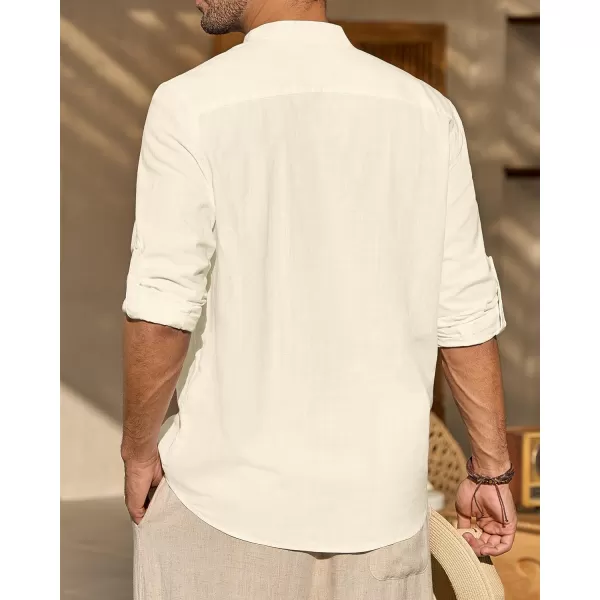 J.VER Men's Linen Roll Up Long Sleeve Shirt Cotton Casual Beach Shirts Henley T-Shirt Band Collar Vacation Tops with Pocket