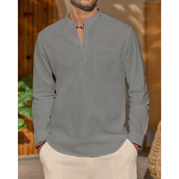 J.VER Men's Linen Roll Up Long Sleeve Shirt Cotton Casual Beach Shirts Henley T-Shirt Band Collar Vacation Tops with Pocket