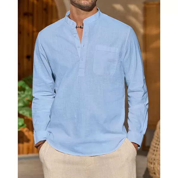 J.VER Men's Linen Roll Up Long Sleeve Shirt Cotton Casual Beach Shirts Henley T-Shirt Band Collar Vacation Tops with Pocket