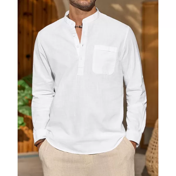 J.VER Men's Linen Roll Up Long Sleeve Shirt Cotton Casual Beach Shirts Henley T-Shirt Band Collar Vacation Tops with Pocket