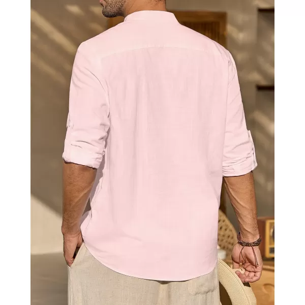 J.VER Men's Linen Roll Up Long Sleeve Shirt Cotton Casual Beach Shirts Henley T-Shirt Band Collar Vacation Tops with Pocket