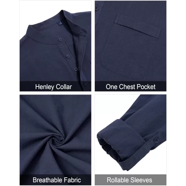 J.VER Men's Linen Roll Up Long Sleeve Shirt Cotton Casual Beach Shirts Henley T-Shirt Band Collar Vacation Tops with Pocket