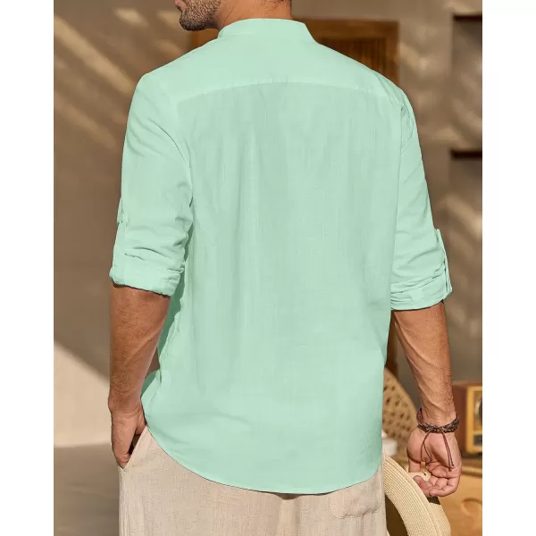 J.VER Men's Linen Roll Up Long Sleeve Shirt Cotton Casual Beach Shirts Henley T-Shirt Band Collar Vacation Tops with Pocket