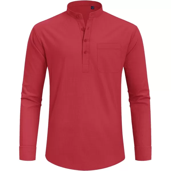 J.VER Men's Linen Roll Up Long Sleeve Shirt Cotton Casual Beach Shirts Henley T-Shirt Band Collar Vacation Tops with Pocket