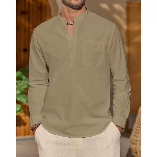 J.VER Men's Linen Roll Up Long Sleeve Shirt Cotton Casual Beach Shirts Henley T-Shirt Band Collar Vacation Tops with Pocket