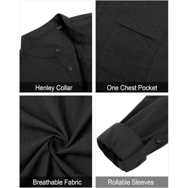 J.VER Men's Linen Roll Up Long Sleeve Shirt Cotton Casual Beach Shirts Henley T-Shirt Band Collar Vacation Tops with Pocket