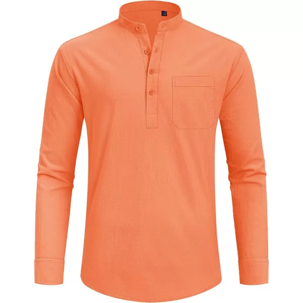 J.VER Men's Linen Roll Up Long Sleeve Shirt Cotton Casual Beach Shirts Henley T-Shirt Band Collar Vacation Tops with Pocket