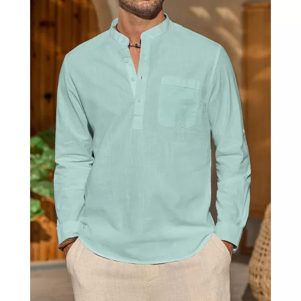 J.VER Men's Linen Roll Up Long Sleeve Shirt Cotton Casual Beach Shirts Henley T-Shirt Band Collar Vacation Tops with Pocket