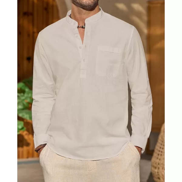 J.VER Men's Linen Roll Up Long Sleeve Shirt Cotton Casual Beach Shirts Henley T-Shirt Band Collar Vacation Tops with Pocket