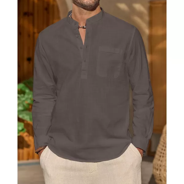 J.VER Men's Linen Roll Up Long Sleeve Shirt Cotton Casual Beach Shirts Henley T-Shirt Band Collar Vacation Tops with Pocket