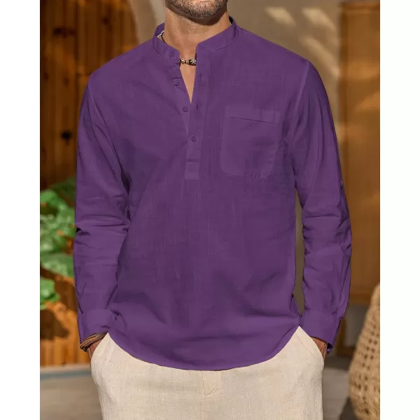 J.VER Men's Linen Roll Up Long Sleeve Shirt Cotton Casual Beach Shirts Henley T-Shirt Band Collar Vacation Tops with Pocket