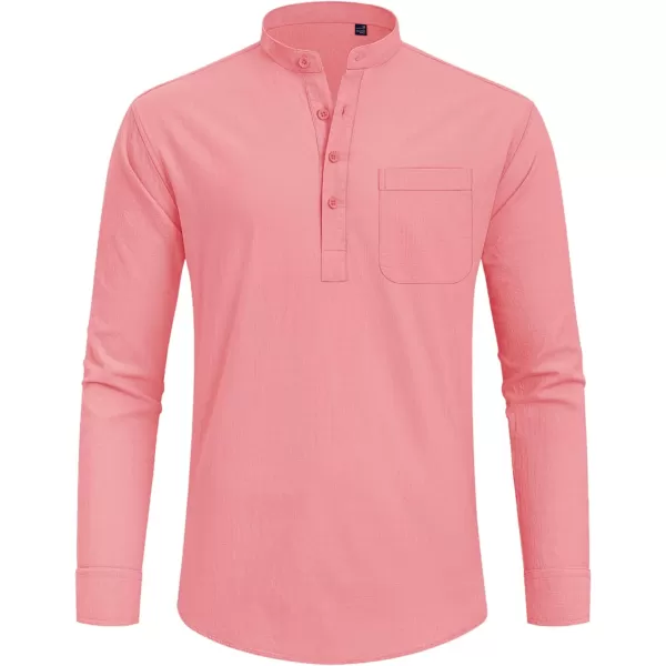 J.VER Men's Linen Roll Up Long Sleeve Shirt Cotton Casual Beach Shirts Henley T-Shirt Band Collar Vacation Tops with Pocket