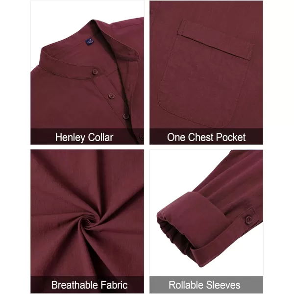 J.VER Men's Linen Roll Up Long Sleeve Shirt Cotton Casual Beach Shirts Henley T-Shirt Band Collar Vacation Tops with Pocket