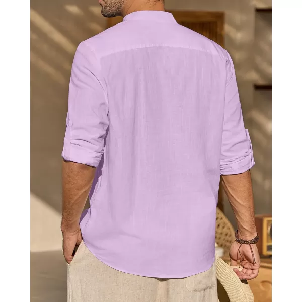 J.VER Men's Linen Roll Up Long Sleeve Shirt Cotton Casual Beach Shirts Henley T-Shirt Band Collar Vacation Tops with Pocket