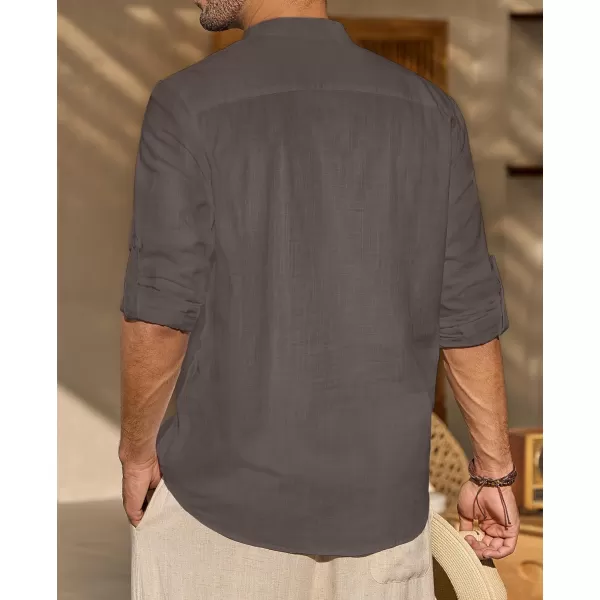 J.VER Men's Linen Roll Up Long Sleeve Shirt Cotton Casual Beach Shirts Henley T-Shirt Band Collar Vacation Tops with Pocket