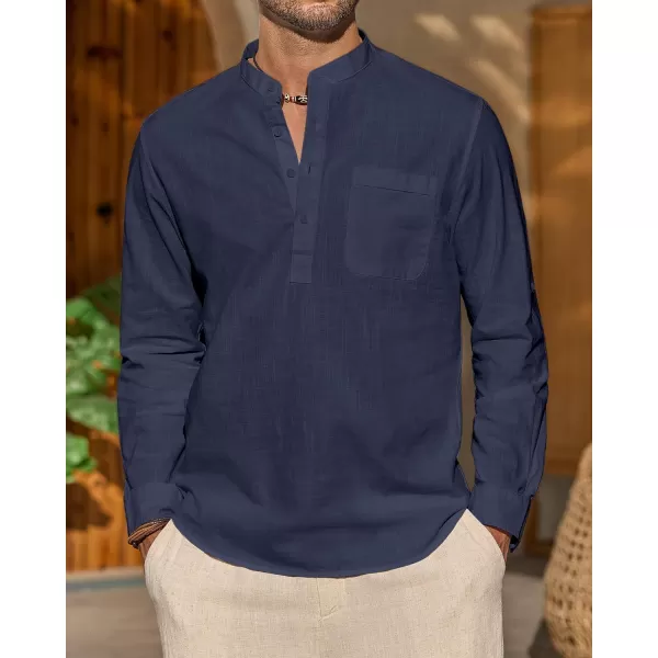 J.VER Men's Linen Roll Up Long Sleeve Shirt Cotton Casual Beach Shirts Henley T-Shirt Band Collar Vacation Tops with Pocket