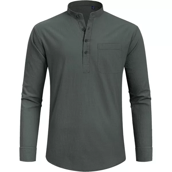 J.VER Men's Linen Roll Up Long Sleeve Shirt Cotton Casual Beach Shirts Henley T-Shirt Band Collar Vacation Tops with Pocket