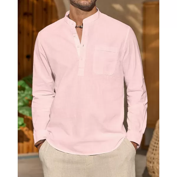 J.VER Men's Linen Roll Up Long Sleeve Shirt Cotton Casual Beach Shirts Henley T-Shirt Band Collar Vacation Tops with Pocket