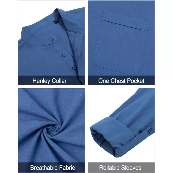 J.VER Men's Linen Roll Up Long Sleeve Shirt Cotton Casual Beach Shirts Henley T-Shirt Band Collar Vacation Tops with Pocket