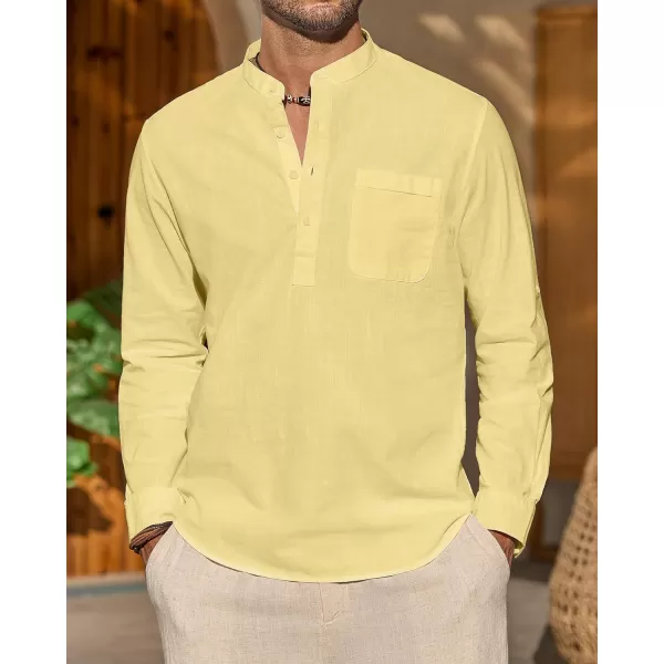 J.VER Men's Linen Roll Up Long Sleeve Shirt Cotton Casual Beach Shirts Henley T-Shirt Band Collar Vacation Tops with Pocket