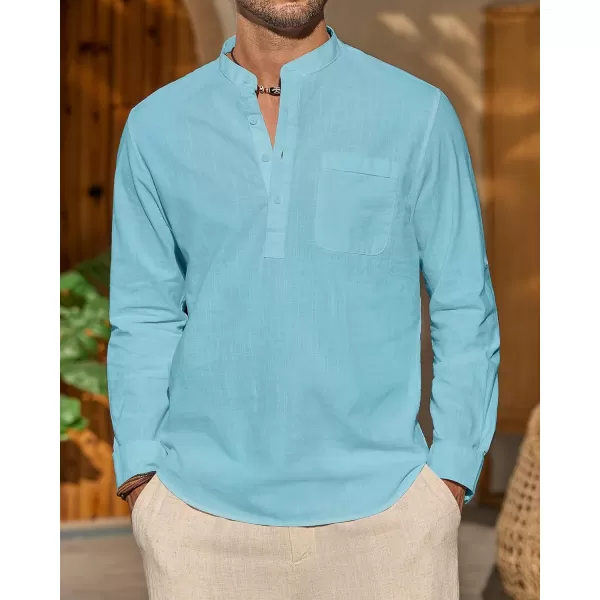 J.VER Men's Linen Roll Up Long Sleeve Shirt Cotton Casual Beach Shirts Henley T-Shirt Band Collar Vacation Tops with Pocket