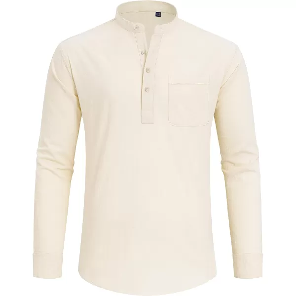J.VER Men's Linen Roll Up Long Sleeve Shirt Cotton Casual Beach Shirts Henley T-Shirt Band Collar Vacation Tops with Pocket
