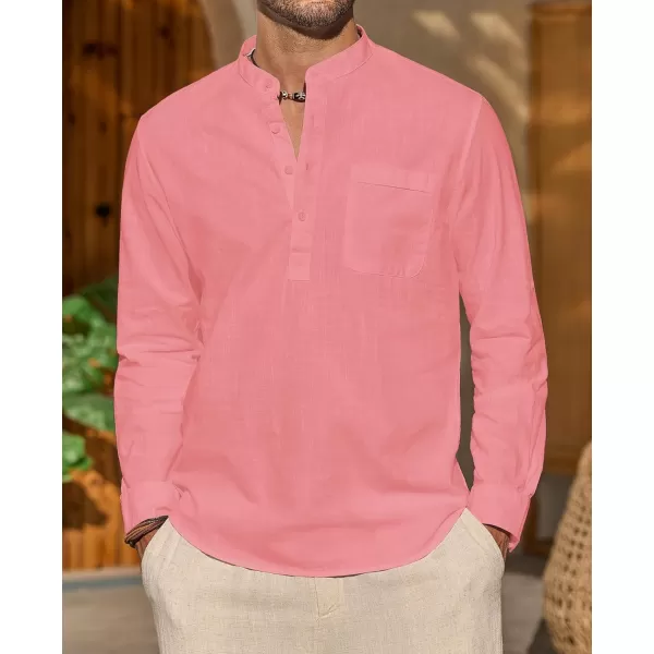 J.VER Men's Linen Roll Up Long Sleeve Shirt Cotton Casual Beach Shirts Henley T-Shirt Band Collar Vacation Tops with Pocket