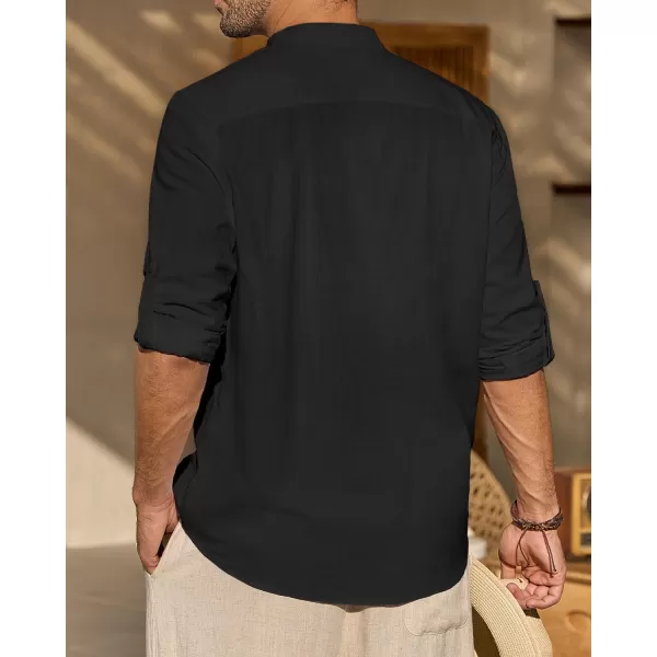 J.VER Men's Linen Roll Up Long Sleeve Shirt Cotton Casual Beach Shirts Henley T-Shirt Band Collar Vacation Tops with Pocket