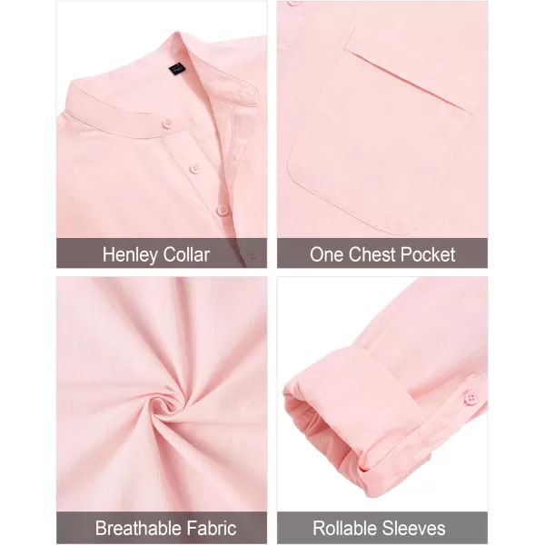 J.VER Men's Linen Roll Up Long Sleeve Shirt Cotton Casual Beach Shirts Henley T-Shirt Band Collar Vacation Tops with Pocket