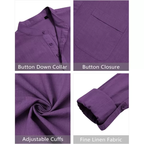 J.VER Men's Linen Roll Up Long Sleeve Shirt Cotton Casual Beach Shirts Henley T-Shirt Band Collar Vacation Tops with Pocket