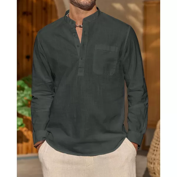 J.VER Men's Linen Roll Up Long Sleeve Shirt Cotton Casual Beach Shirts Henley T-Shirt Band Collar Vacation Tops with Pocket