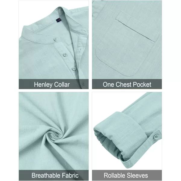 J.VER Men's Linen Roll Up Long Sleeve Shirt Cotton Casual Beach Shirts Henley T-Shirt Band Collar Vacation Tops with Pocket