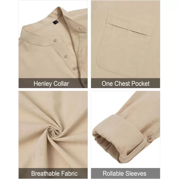 J.VER Men's Linen Roll Up Long Sleeve Shirt Cotton Casual Beach Shirts Henley T-Shirt Band Collar Vacation Tops with Pocket