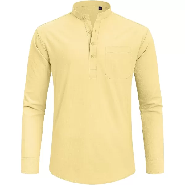J.VER Men's Linen Roll Up Long Sleeve Shirt Cotton Casual Beach Shirts Henley T-Shirt Band Collar Vacation Tops with Pocket
