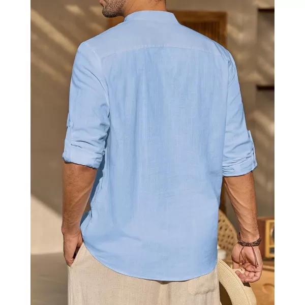 J.VER Men's Linen Roll Up Long Sleeve Shirt Cotton Casual Beach Shirts Henley T-Shirt Band Collar Vacation Tops with Pocket